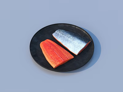 Fresh Delicious Fish Fillets on Black Plate with Orange Red Salmon and Silver White Fish 3d model