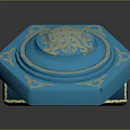 Ornate Blue Octagonal Box With Open Lid Golden Patterns And Velvet Interior