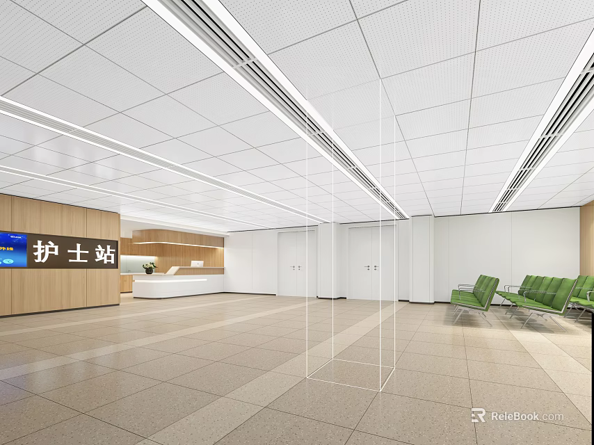 Hospital Outpatient Clinic Lobby With Nurse Station Green Seating Wooden Reception And White Ceiling 3d model 