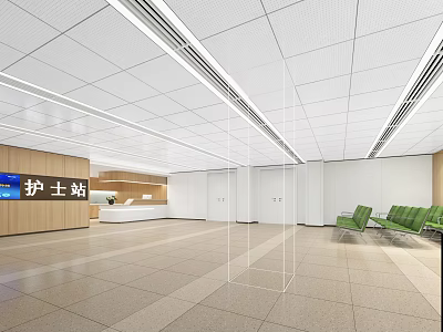 Hospital Outpatient Clinic Lobby With Nurse Station Green Seating Wooden Reception And White Ceiling 3d model