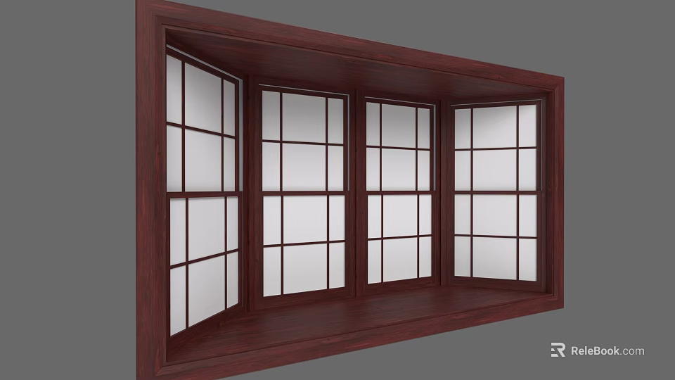 Bay Window Cabinet With Wooden Frame Grid Windows And Built In Sill 3d model 