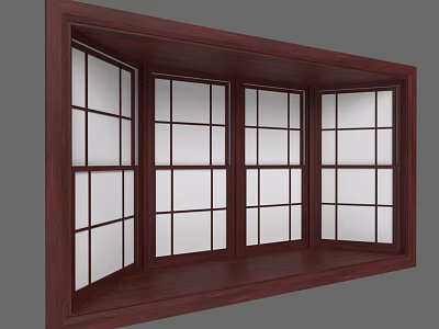 Bay Window Cabinet With Wooden Frame Grid Windows And Built In Sill 3d model