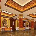 Religious Faith Inspired Temple Interior With Buddha Statues Red Columns And Golden Ceiling Decorations