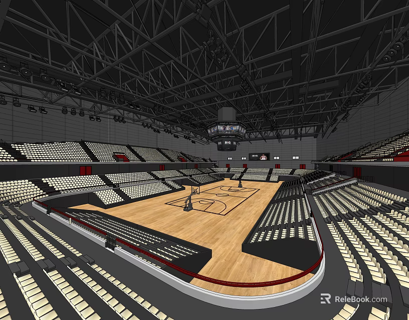 Spacious Modern Basketball Arena Interior Design With Wooden Court And Seating 3d model 