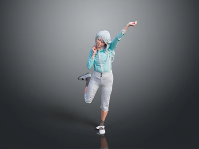 Woman With Gray Hair Dancing In Light Blue Top And Gray Pants Against Gray Background 3d model
