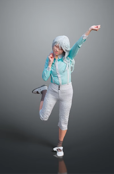 Woman With Gray Hair Dancing In Light Blue Top And Gray Pants Against Gray Background 3d model
