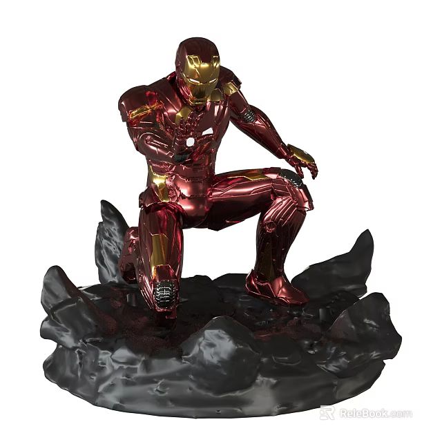 Iron Man Action Figure with Red and Gold Armor Kneeling on Black Rock Base 3d model 