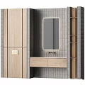 Modern Washbasin Area with Wooden Cabinet Gray Tile Wall Mirror and Gold Shelf
