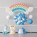 Rainbow Balloon Arch With Blue White Clusters And Cartoon Character Decorations 3d model