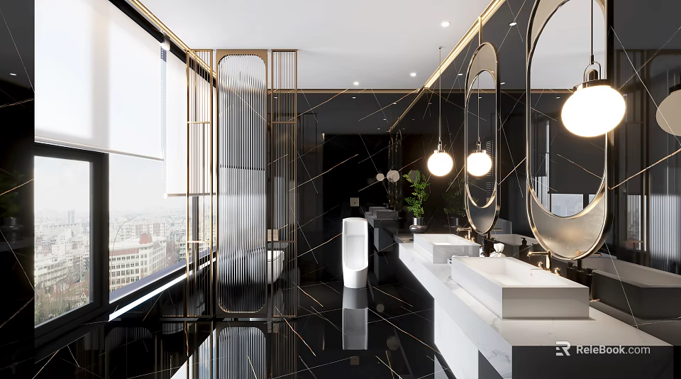 Modern Hotel Bathroom Interior with Black Gold Accents Large Windows Double Sinks and Round Mirrors 3d model 