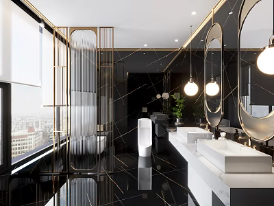 Modern Hotel Bathroom Interior with Black Gold Accents Large Windows Double Sinks and Round Mirrors 3d model