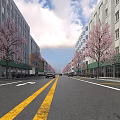 Urban Road Facilities With Double Yellow Lines Directional Arrows Cherry Blossom Trees And Buildings