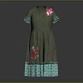 Elegant Gray Dress with Turquoise Cuffs Hem and Floral Patterns