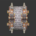Traditional Chinese Architectural Bridge Model With Curved Roofs Red Gold Decorations And Stone Railings