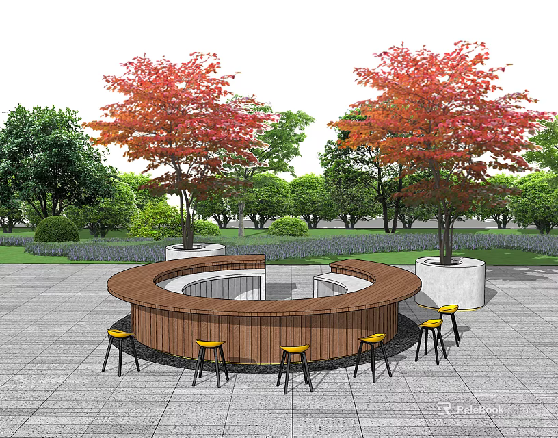 Outdoor Circular Bar With Yellow Stools Surrounded By Trees And Paved Ground 3d model