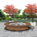 Outdoor Circular Bar With Yellow Stools Surrounded By Trees And Paved Ground 3d model
