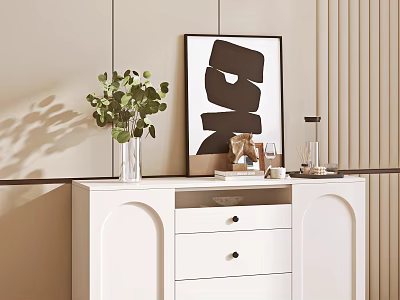 Modern Entryway Cabinet And Sideboard With Green Plant Decorative Painting And Glassware On Top 3d model