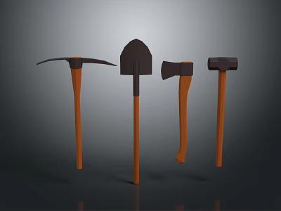 Four Different Weapons With Wooden Handles And Metal Heads On 3d model