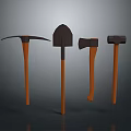 Four Different Weapons With Wooden Handles And Metal Heads On