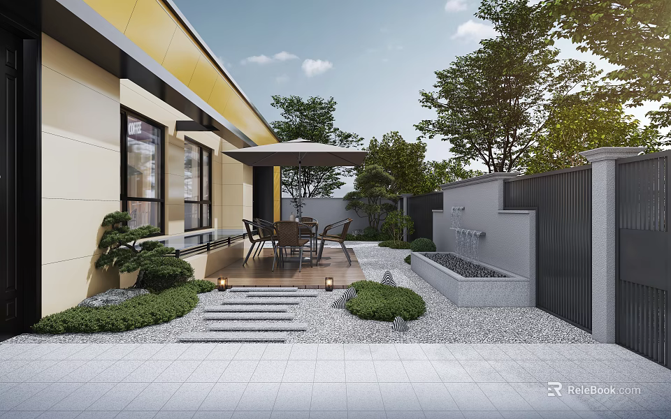 Modern Patio Design With Dining Set Umbrella Greenery Fountain And Gravel Ground 3d model 