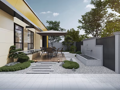 Modern Patio Design With Dining Set Umbrella Greenery Fountain And Gravel Ground 3d model