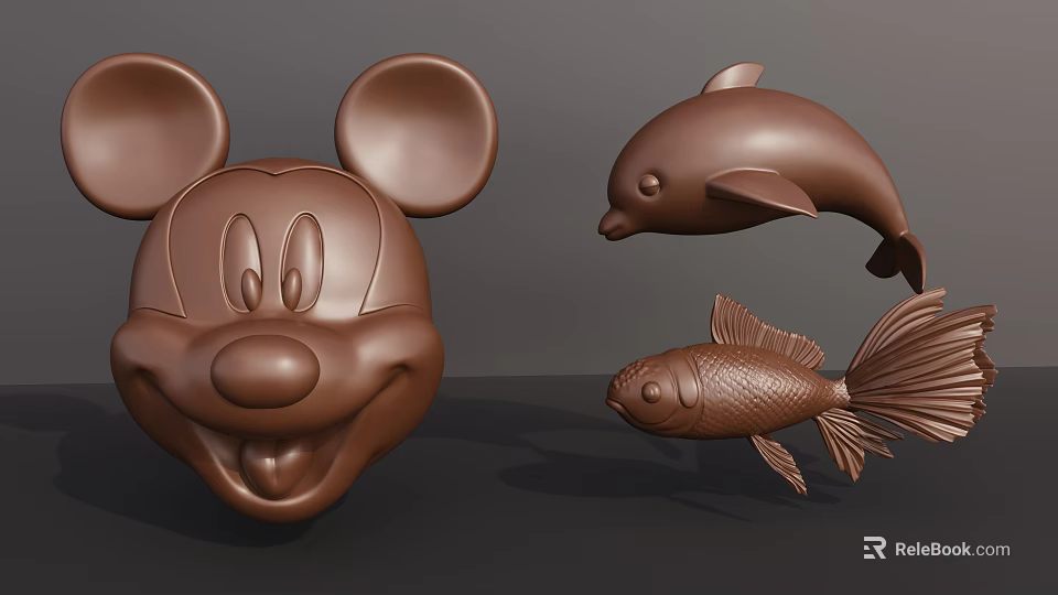 Artistic Carved Animal Sculptures Featuring Mickey Mouse Head Dolphin And Fish 3d model 