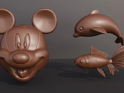 Artistic Carved Animal Sculptures Featuring Mickey Mouse Head Dolphin And Fish 3d model