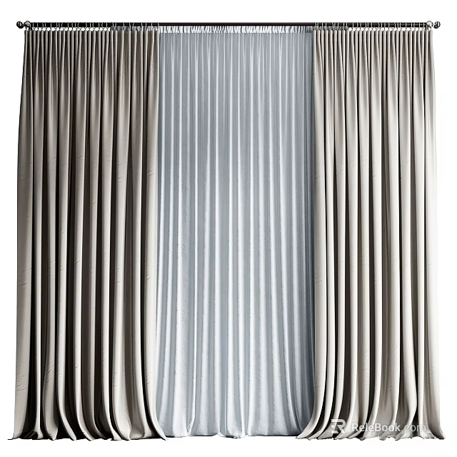 Elegant Modern Curtains With Light Gray Outer Layer And Vertical Stripes Sheer Design 3d model 