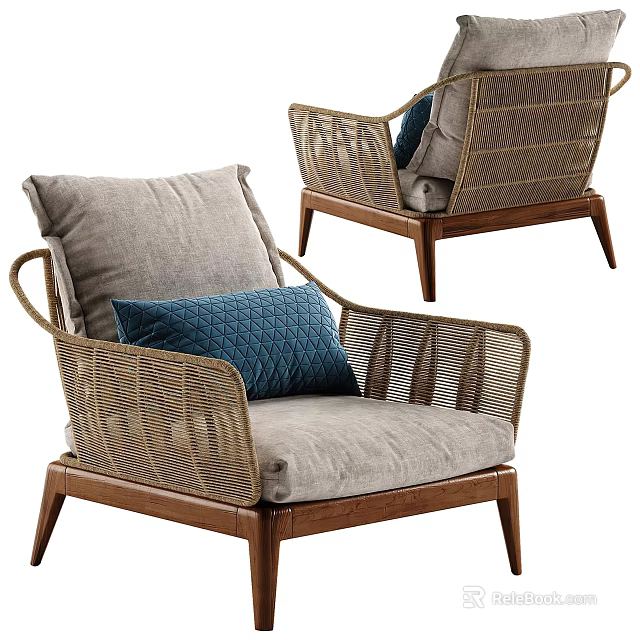 Rattan Accent Chair With Wooden Legs Gray Cushion And Blue Throw Pillow 3d model 
