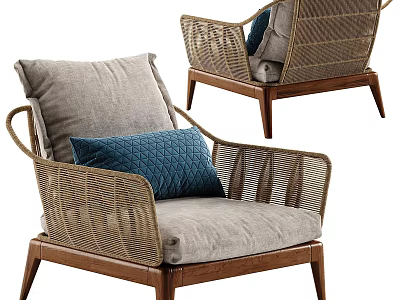 Rattan Accent Chair With Wooden Legs Gray Cushion And Blue Throw Pillow 3d model