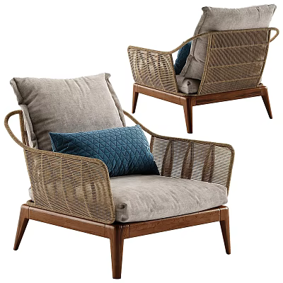 Rattan Accent Chair With Wooden Legs Gray Cushion And Blue Throw Pillow 3d model