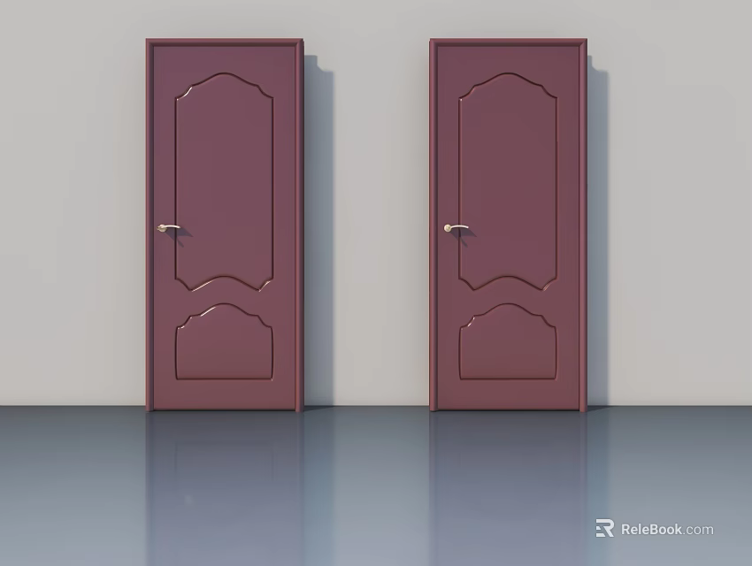 Red Decorative Swing Doors With Golden Handles And Light Wall Background 3d model 