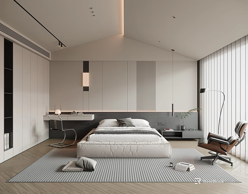 Modern Bedroom Interior With Large Bed White Wardrobe Striped Rug Armchair And Desk 3d model 