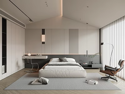 Modern Bedroom Interior With Large Bed White Wardrobe Striped Rug Armchair And Desk 3d model