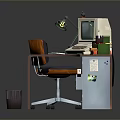 Vintage Office Desk Setup With Old Computer Desk Lamp Printer Books And Wooden Chair