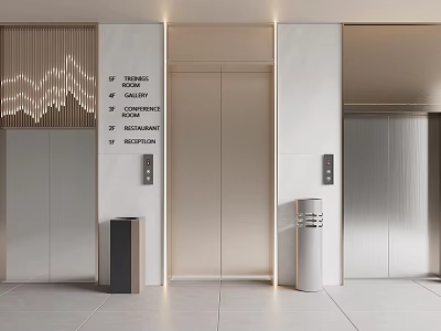 Modern Elevator Lobby with Signage Floor Indicators Metal Doors Recessed Lighting 3d model