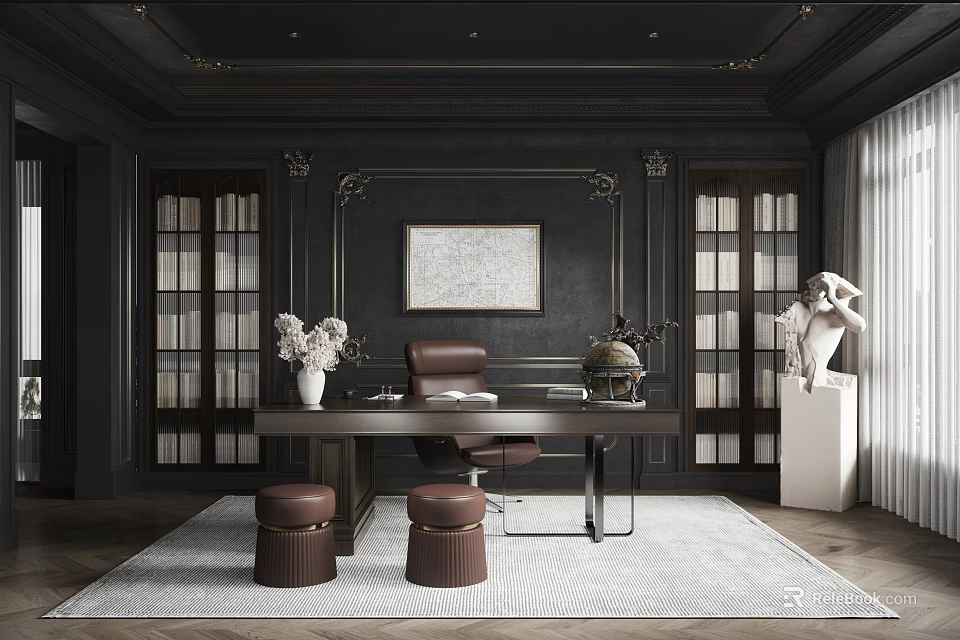 Elegant Study Room Interior with Dark Wood Bookshelves Large Desk and Leather Chair 3d model 