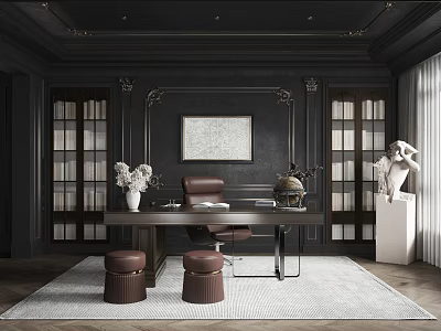 Elegant Study Room Interior with Dark Wood Bookshelves Large Desk and Leather Chair 3d model