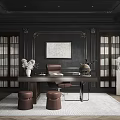 Elegant Study Room Interior with Dark Wood Bookshelves Large Desk and Leather Chair