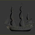 Vintage Sailing Ship With Black Sails Green Hull And Wooden Masts