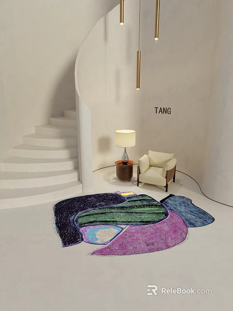 Artistic Shaped Rug in Modern Minimalist Interior with Spiral Staircase Beige Armchair and Table Lamp 3d model 