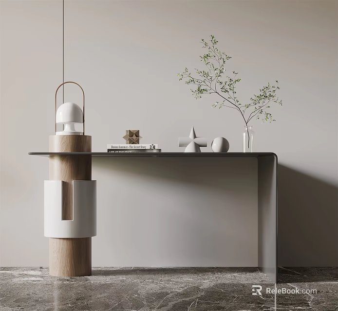 Modern Console Table Interior Design With Wood Metal Frame Decorative Pieces Vase And Greenery 3d model 