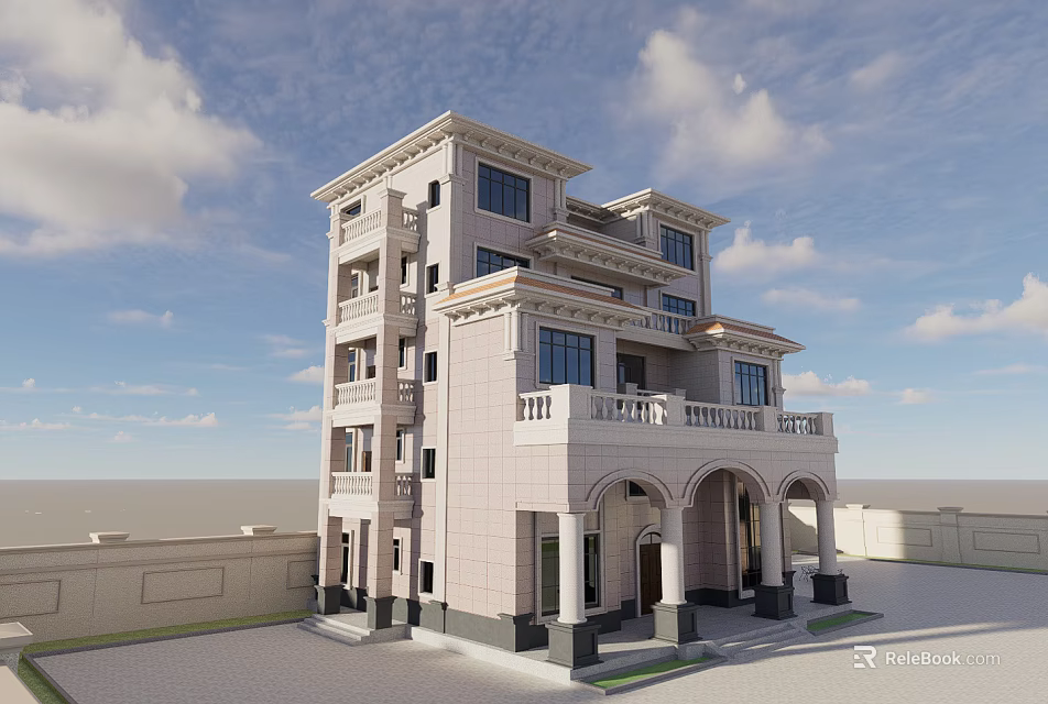 Elegant Detached Villa With Stone Exterior Arched Porch Balcony And Large Windows Under Blue Sky 3d model 