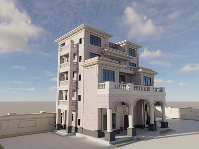 Elegant Detached Villa With Stone Exterior Arched Porch Balcony And Large Windows Under Blue Sky 3d model