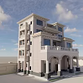 Elegant Detached Villa With Stone Exterior Arched Porch Balcony And Large Windows Under Blue Sky
