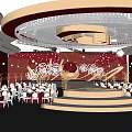 Luxurious Banquet Hall With Red Decorations Crystal Chandeliers Round Tables Fresh Flowers And Staircase Stage