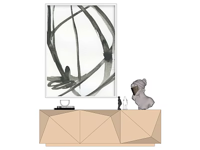 Abstract Painting on Wall with Geometric Cabinet and Decorative Items in Interior 3d model