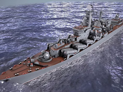 Naval Warship Sailing on Ocean Waves With Military Deck and Equipment 3d model