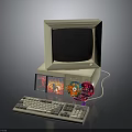 Vintage Electronic Appliances Setup With CRT Monitor Keyboard And Colorful Discs