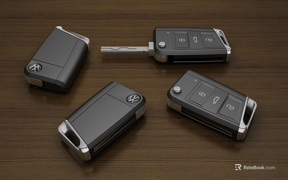 Four Black Volkswagen Car Keys With Remote Control On Wooden Tabletop 3d model 